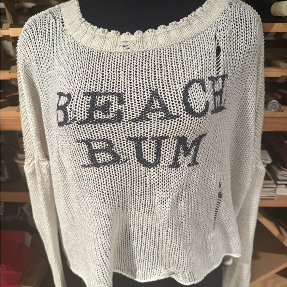 Wooden Ships Cream Open Knit Sweater with Navy Print